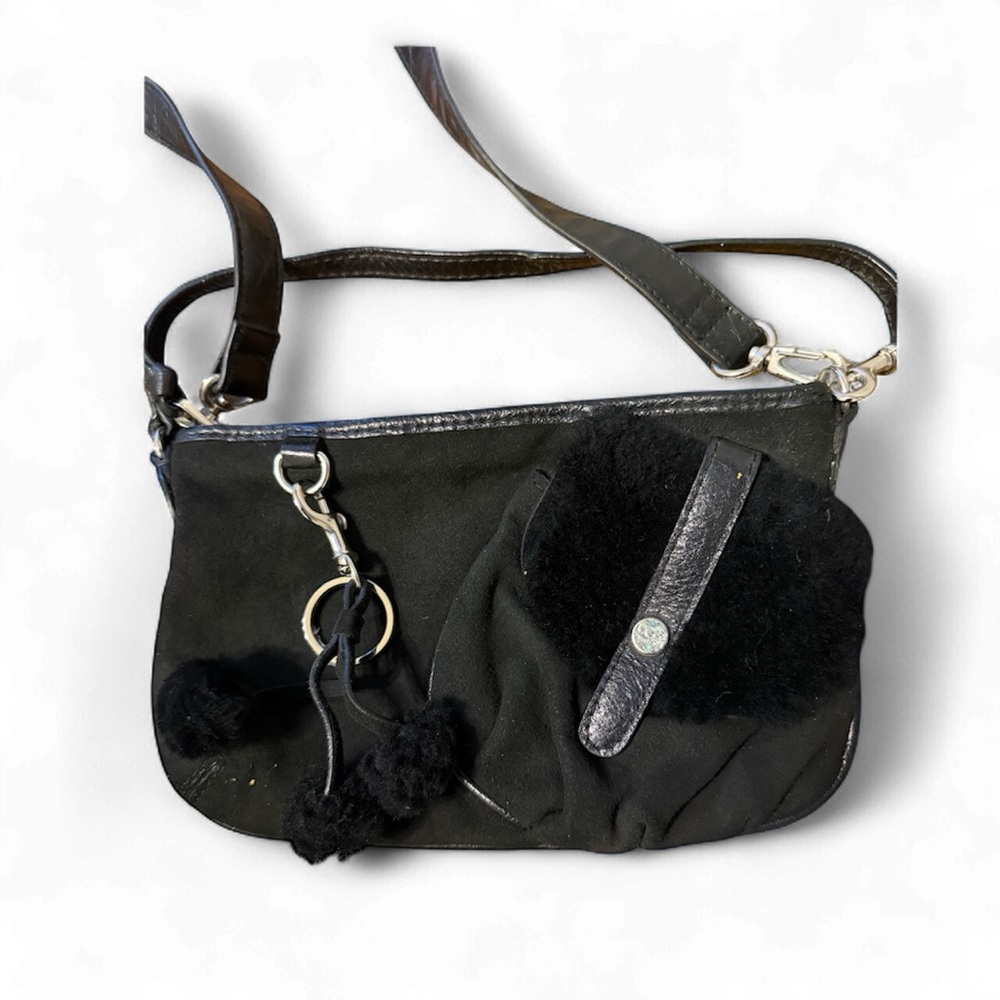 UGG Suede/Shearling Black pochette convertible purse with Pom Pom